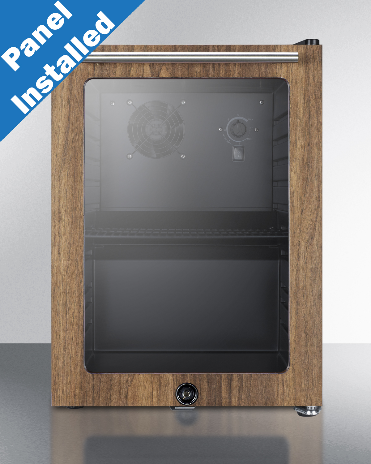 Compact commercial beverage center designed for the display and refrigeration of beverages, with glass door with pre-intalled engineered wood door trim in a walnut finish and black cabinet